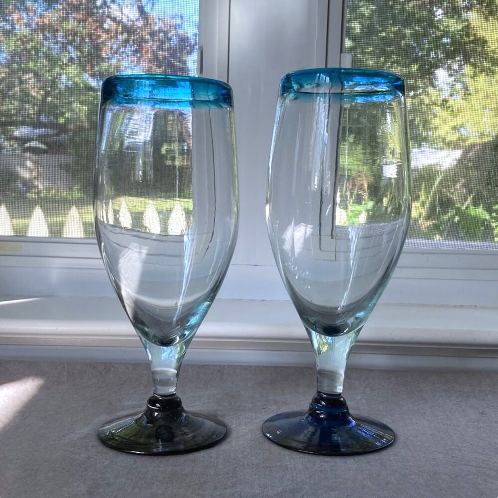 Set of 2 Hand Blown, Aqua Rim & Base Stemmed Glasses, Mexican Art Glass, Vintage